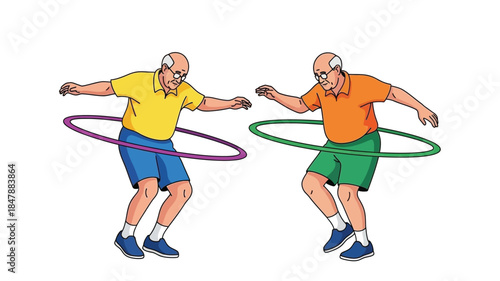Two senior men happily hula hooping demonstrating active aging and playful exercise