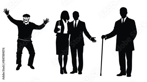 Silhouettes of people in various poses including a man jumping and a couple