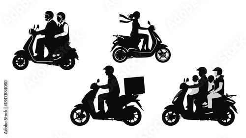 Silhouette illustrations of people riding scooters and motorcycles in various settings
