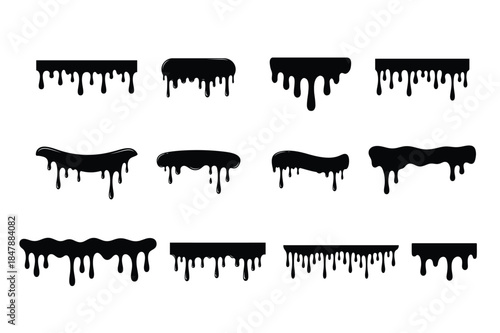 Dripping Paint and Liquid Border Shapes Black Vector Set