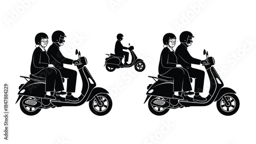 Black and white illustration depicting people riding scooters in a minimalist style