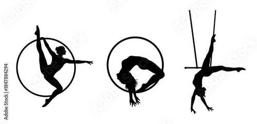 Silhouettes of aerial acrobats on hoop and pole