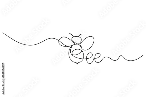 Continuous line art of a honeybee forming the word bee isolated on white background