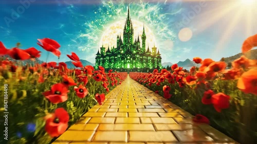 Yellow Brick Road Leading to Emerald City in Field of Poppies 3D Render