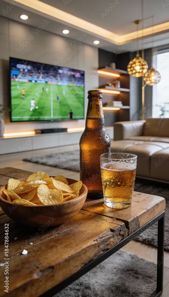 Obraz premium Ice-cold beer and chips on table during evening football match at home