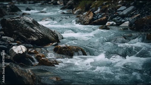 Crystal Clear Mountain Stream Flowing Over Rocks in a Serene Natural Landscape.