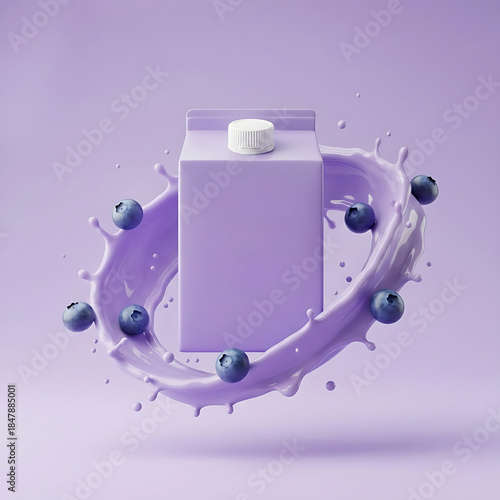 Blank purple paper milk carton mockup surrounded by swirling purple liquid with floating blueberries against soft purple background