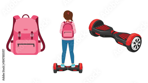 Illustration of a girl on a self balancing scooter with a backpack and bag