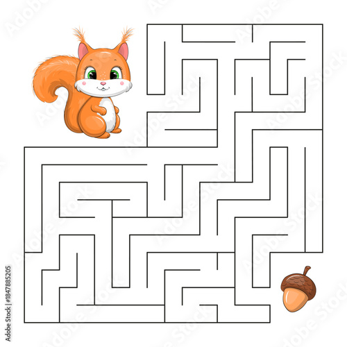 Cute cartoon maze game for kids with squirrel and acorn. Little rodent is looking for a way to food. Vector illustration on a white background.