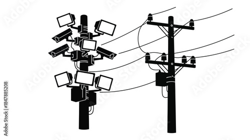 A stark illustration of surveillance multiple cameras mounted on utility poles