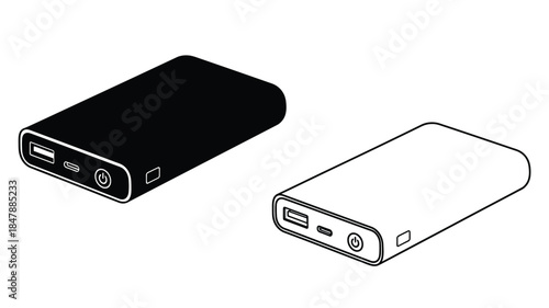 Black and white illustration of portable power banks with usb ports