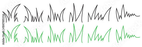 Hand Drawn Grass Doodle  icon Set. Collection of simple black line grass doodles isolated on white, ideal for design elements, nature icons, backgrounds, and illustration projects.

