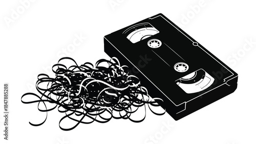 A broken vhs tape with spilling magnetic tape a relic of the past