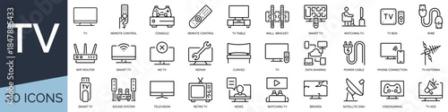 Set of 30 outline icons related to television. Linear icon collection. Editable stroke. Vector illustration