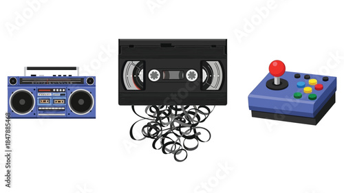 Retro entertainment icons a boombox vhs tape and joystick displayed together