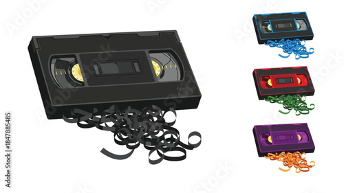 A collection of vhs tapes with spilled magnetic tape on white background