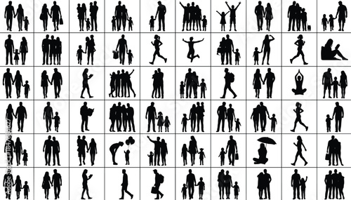 Mega-Set of Black Silhouettes Featuring Diverse Families, Couples, and Individuals in Active and Leisure Poses, Including Walking, Running, Reading, and Yoga Activities