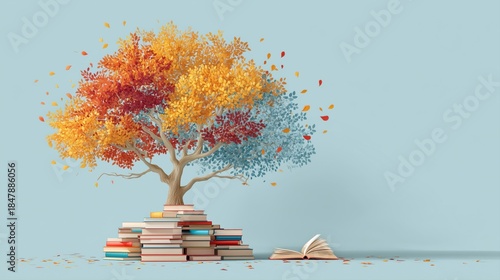 A tree made of books with colorful leaves, symbolizing knowledge and education.