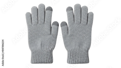 Pair of light gray knitted touchscreen gloves on black background image