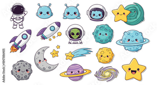 Happy Kawaii Outer Space Elements Set Cute Cartoon Astronauts Aliens Planets Stars Rocket Ships Collection
