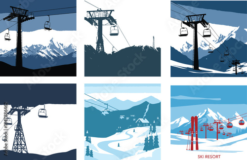 Ski resort scenery with ski lift and snowy mountains