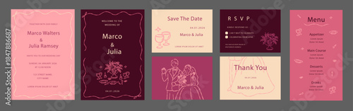 Romantic Pink Hand Drawn Wedding Invitation Set with Save the Date, RSVP, Menu, Thank You, and Elegant Line Art Templates