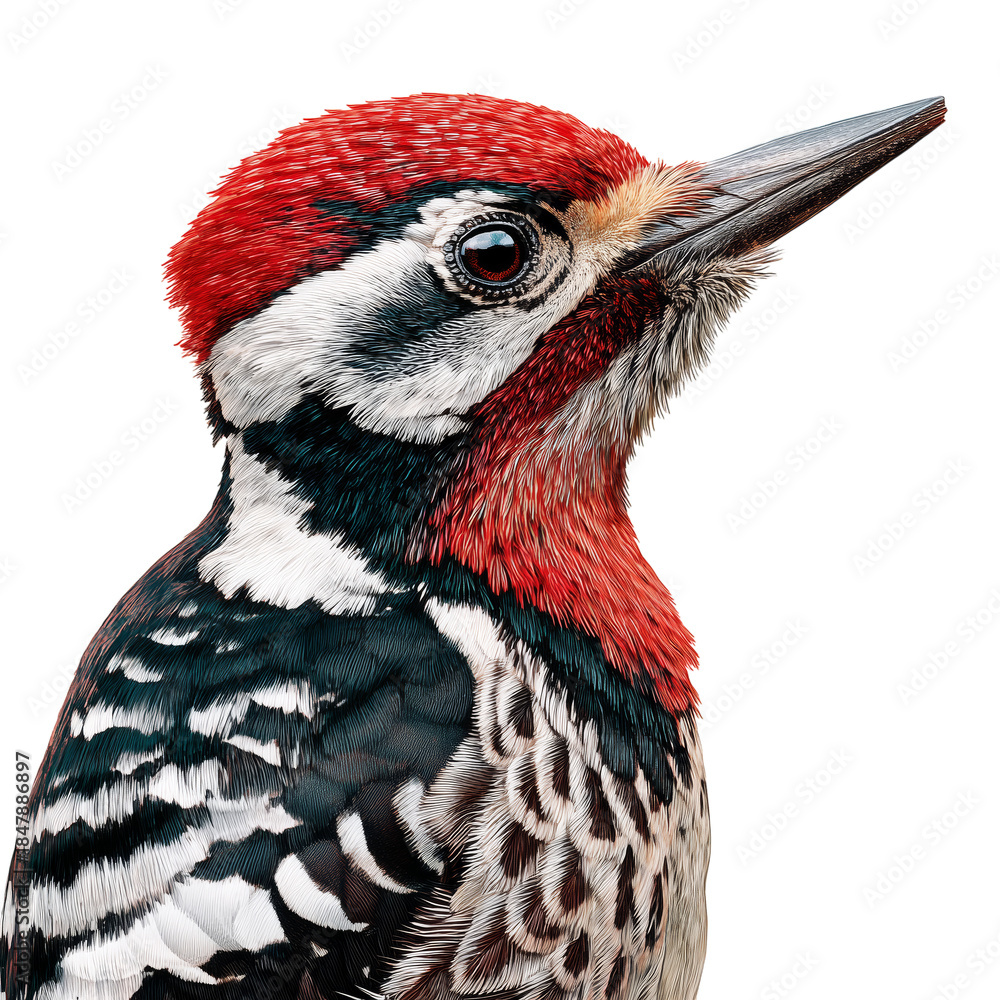 Fototapeta premium Woodpecker With Red Head and Striking Feathers Perched on a Branch in a Bright Setting