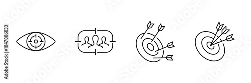 Target marketing icon set, eye focus aim, customer group audience, multiple arrows goals, bullseye success outline vector illustration.