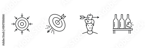 Target training icon set, arrows around bullseye, perfect dart hit, William tell apple shot, bottle shooting practice outline illustration.