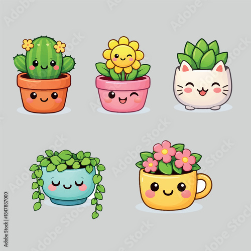 Set of cute kawaii houseplants vector icons with smiling flower pots, cartoon style illustrations on white background.
