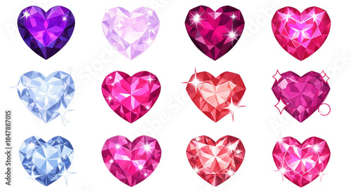 Brilliant Heart Shaped Gemstones Set Pink Purple Red Jewels Luxury Design Assets for Valentine's Day Marketing