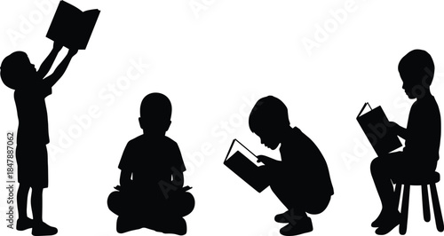 Set of four children silhouettes reading books in different poses including standing, sitting, and squatting, educational concept isolated on white.