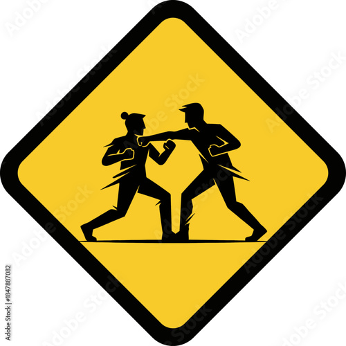 Martial Arts Fight Warning Sign Icon Two Silhouettes Boxing in Yellow Diamond Symbol