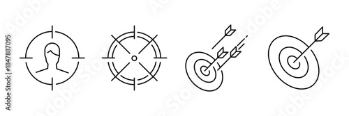 Target success icon set, customer profile focus, circular crosshair accuracy, flying arrows triple hit, bullseye achievement outline illustration.
