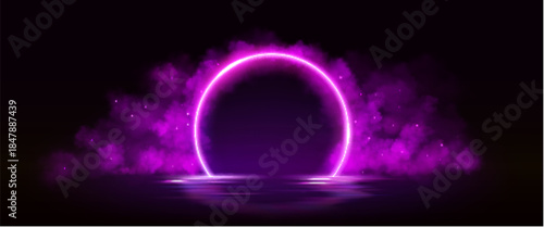 Neon light portal in color smoke on black background. Vector realistic illustration of futuristic round arch space portal, mysterious pink and purple fog clouds, magic hologram gate for game design