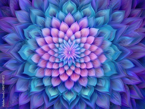 Detailed graphic of a vibrant, symmetrical flower, layered petals in shades of blue and pink