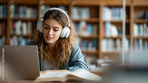 Young woman with headphones studying on laptop in library