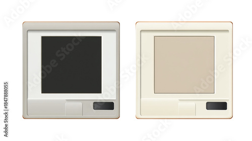 Two vintage photographic slides, one with a black square, the other with a beige rectangle, perfect for presentations, archives, and media projects.