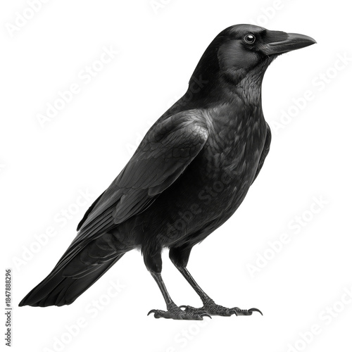 Black Bird Stands on a Flat Surface With Its Wings Folded and Eyes Focused on...