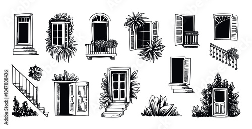 Collection of hand drawn architectural elements like doors windows balconies and stairs for exterior home decoration conceptualization and graphic design projects