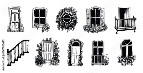 Collection of handdrawn architectural elements including doors windows stairs and balconies perfect for home renovation and construction themes