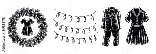 Holiday and formal wear graphics featuring a floral wreath with a dress, string lights, a suit, and a dress, perfect for festive and elegant visual projects.