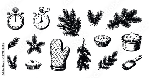 Set of hand drawn Christmas holiday baking and decorative elements including stopwatches, pine branches, oven mitt, cupcakes and scoop for festive preparations and winter celebrations.
