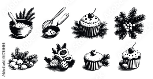 Handdrawn black and white illustrations of baking ingredients and festive cupcakes with pine branches, perfect for holiday cooking and celebration themes.