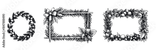 Elegant hand drawn festive borders and wreath showcasing fir branches berries and bows for holiday invitations greetings and winter celebration decorations