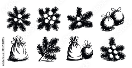 Festive holiday graphics featuring Christmas tree branches with ornaments and gift bags, perfect for seasonal promotions and winter celebration designs