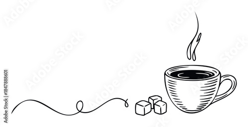 Simple line drawing of a steaming coffee cup with sugar cubes, perfect for cafe menus, recipe cards, or lifestyle blogs celebrating morning rituals and warm beverages.