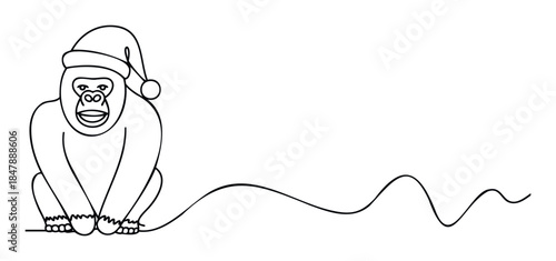 Whimsical line drawing of a happy gorilla wearing a Santa hat, perfect for festive greeting cards and holiday marketing materials.