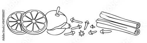 A minimalist black and white line drawing of citrus slices, whole orange, cloves, and cinnamon sticks, perfect for culinary or seasonal themed projects.