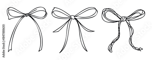 Hand drawn outline bows with elegant ribbon tails for celebratory decorations and gift wrapping presentations